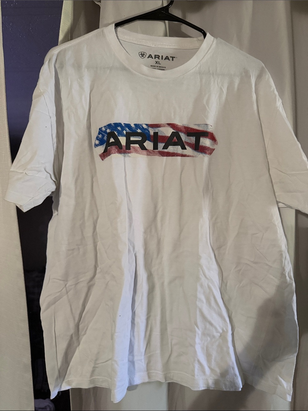 Ariat White Short-Sleeve Tee with Red and Blue Flag Logo